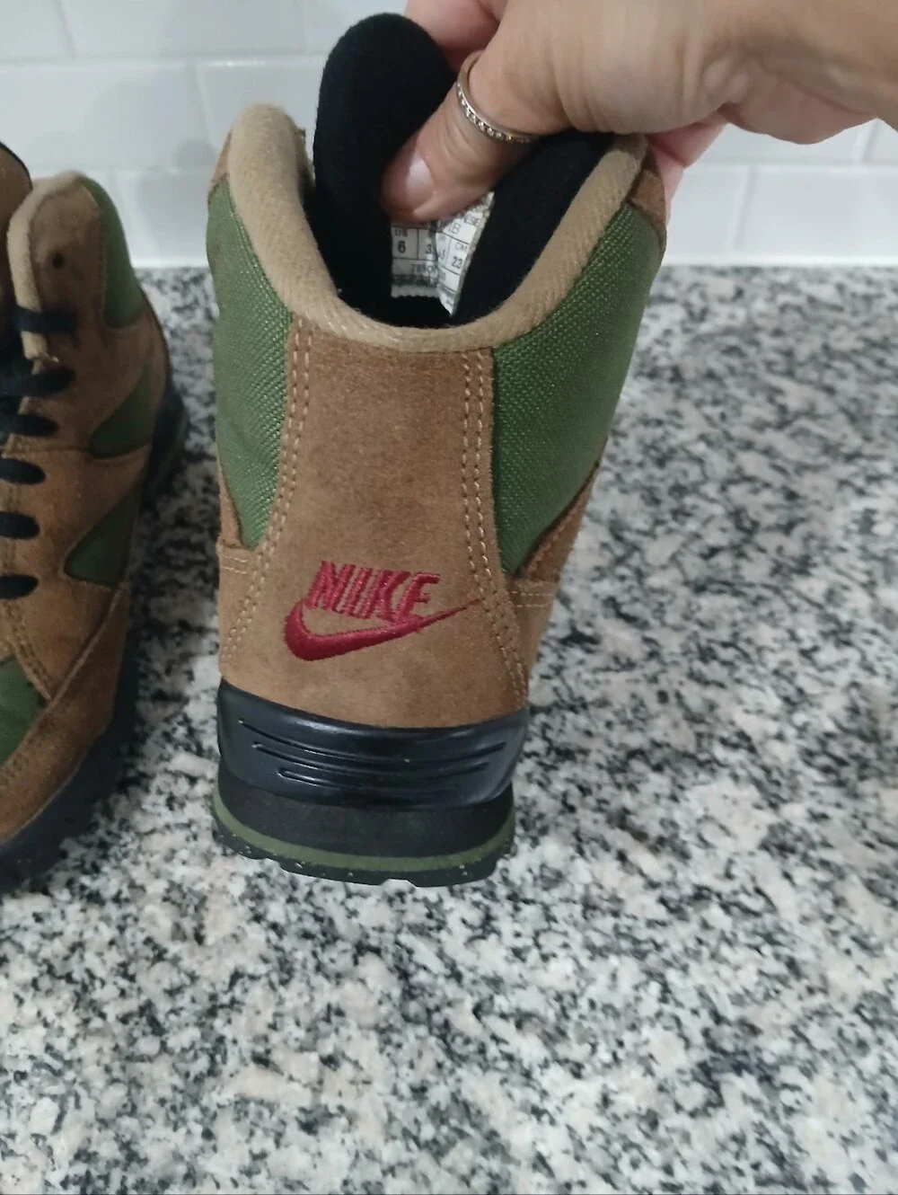Nike Men’s Brown and Green High-Top Boots with Red Swoosh